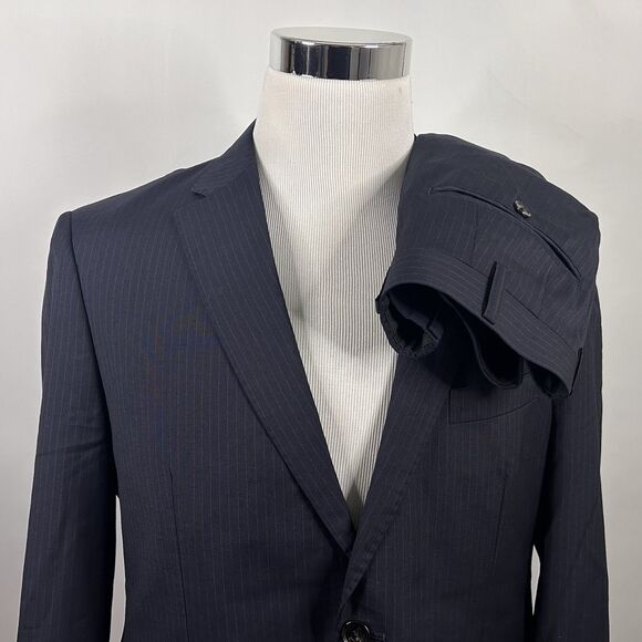 Bespoke 42R Suit 36x29 Pleated Tollegno 1900 Wool Navy Pinstriped Two Button - Picture 1 of 11